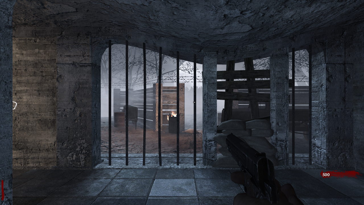 The starting room of the Nacht der Untoten bunker in the browser edition: barred and boarded windows looking out on the foggy yard, pistol in hand.