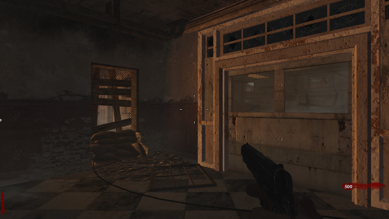 A lit doorway in the Verrückt asylum in the browser edition, with a boarded window to the left and a checkered floor.